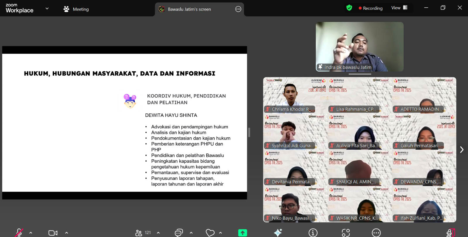 Pengenalan HHDI Bawaslu Jatim: 119 CPNS Ikuti Pemaparan Hukum, Humas, dan Datin Secara Daring